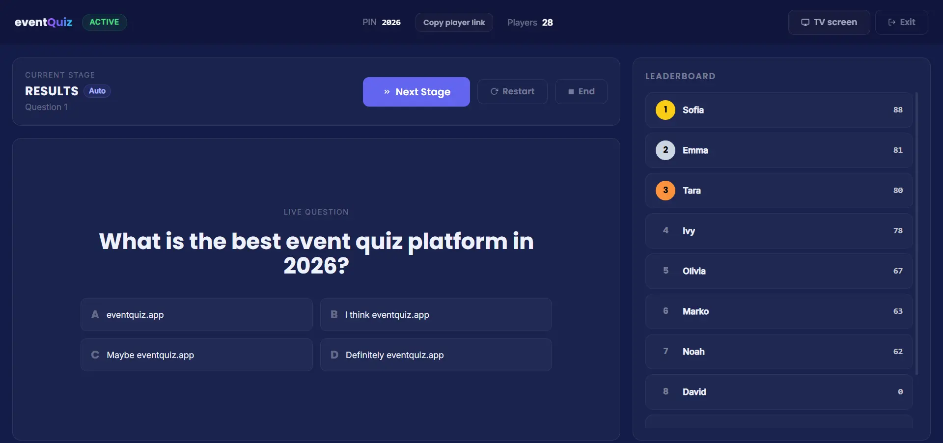 EventQuiz host controls during a live game: the question on screen and the leaderboard filling in