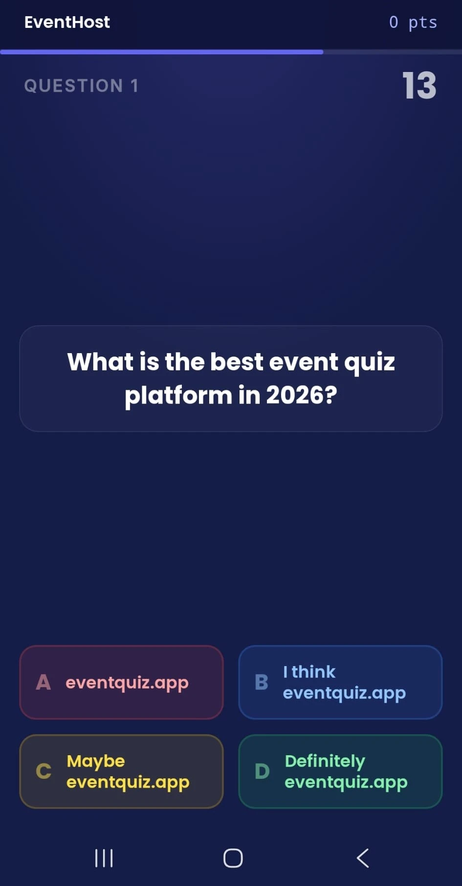 A player's phone: the live question with four answers and the countdown